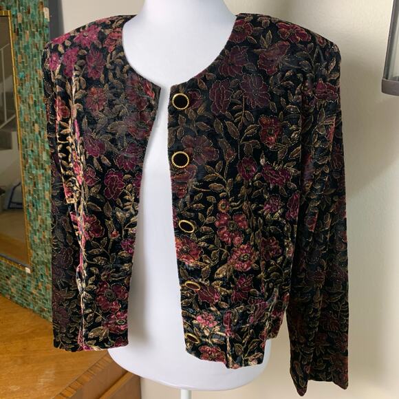 Vintage Size L Velvet Floral Print Crop Jacket Puff Sleeve Gold Etched - Picture 7 of 11